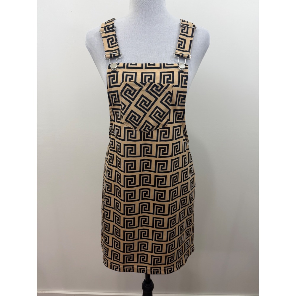 Jolie & Joy Greek Key Pinafore Dress Tan Black Geometric Overalls J1H1035C Small